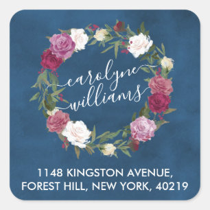 Sticker Carré Élégante Marine Blue Floral Wreath Adresse de reto