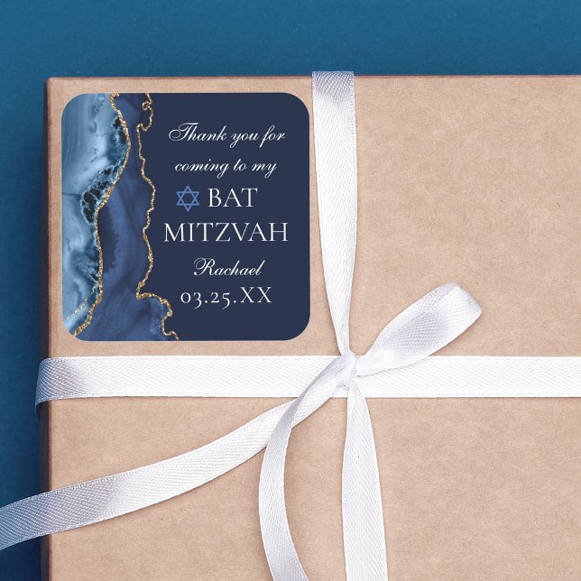 Sticker Carré Elégante Marine Blue Gold Agate Bat mitzvah Party (Créateur téléchargé)