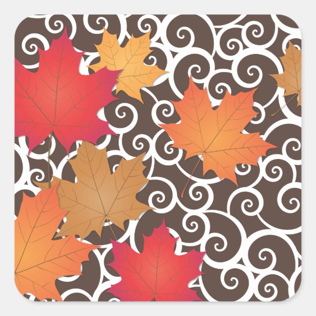 Sticker Carré Elégante Orange Automne Feuilles et Flèches (Devant)