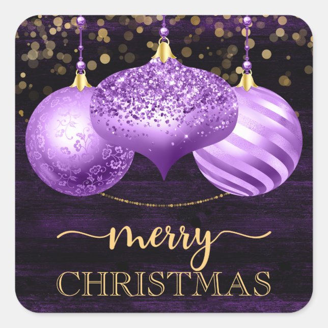 Sticker Carré Élégante Parties scintillant violet Baubles Joyeux (Devant)