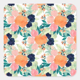 Sticker Carré Elégante peinture bleu rose et orange florale à 