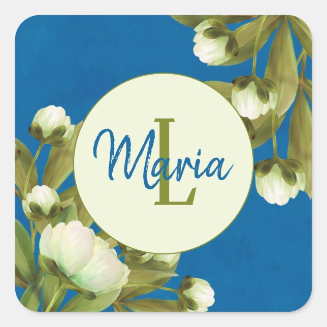 Sticker Carré Élégante pivoine blanche avec bleu peint floral (Devant)