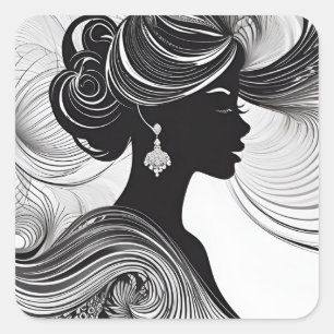 Sticker Carré Elégante Reine Africaine Silhouette Noir & Blanc