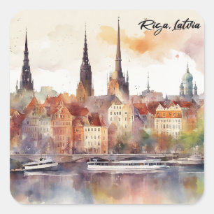 Sticker Carré Elégante Riga Lettonie Aquarelle Ville Vue