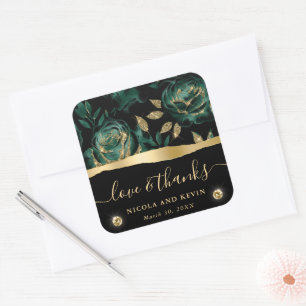 Sticker Carré Élégante rose florale de mariage vert et or paille
