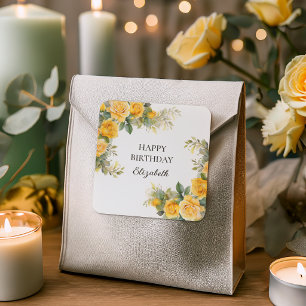 Sticker Carré Élégante Rose Jaune Florale Fête d'Anniversaire