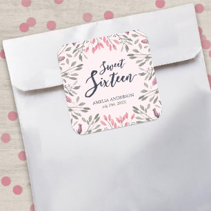 Sticker Carré Élégante rose Roses Floral Sweet 16 Anniversaire