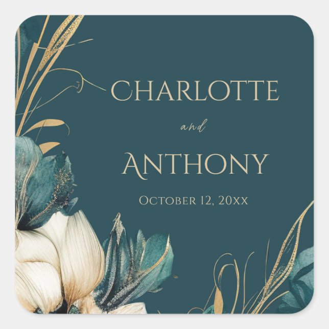 Sticker Carré Élégante verdure Floral Minimal Turquoise Mariage  (Devant)