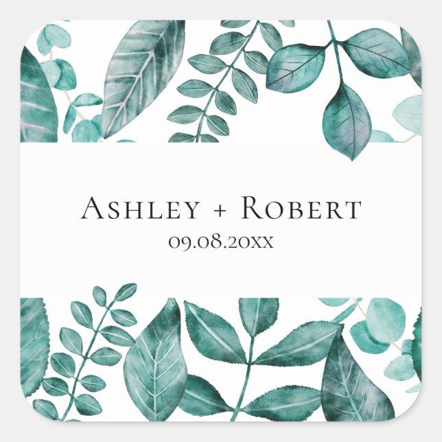 Sticker Carré Elégante verdure Turquoise Aquarelle Mariage moder (Devant)
