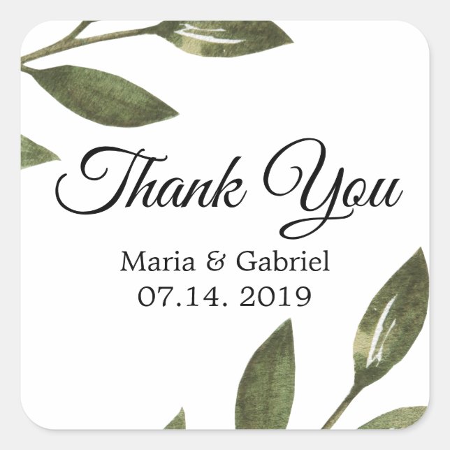 Sticker Carré Élégantes branches vertes Airy Mariage Merci (Devant)