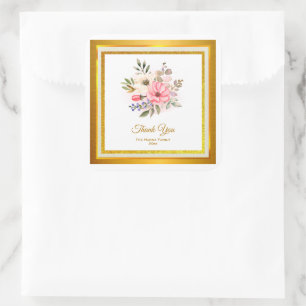 Sticker Carré Élégantes Fleurs Aquarelle Remerciements Mariage