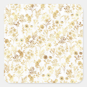 Sticker Carré Élégantes Fleurs d'or Blanc Botanique