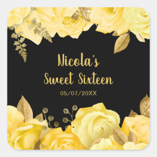 Sticker Carré Élégantes Fleurs Jaunes et Dorées Sweet Sixteen