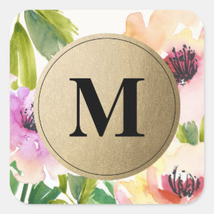 Sticker Carré Élégantes Fleurs Monogrammes Or Favoriser les Ét