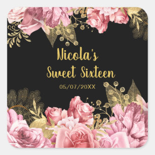 Sticker Carré Élégantes fleurs roses et dorées Sweet Sixteen 
