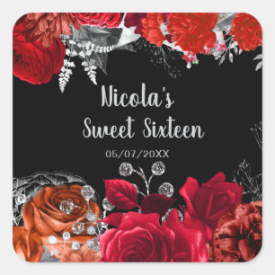 Sticker Carré Élégantes fleurs rouges et argentées pour un Sweet