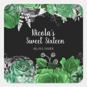 Sticker Carré Élégantes fleurs vertes et argent pour Sweet Sixte