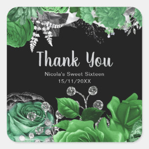 Sticker Carré Élégantes fleurs vertes et argent pour Sweet Sixte