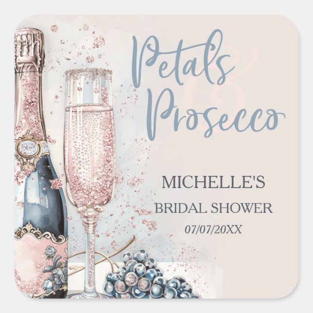 Sticker Carré Élégantes Pétales & Prosecco Bohème Rose Blush Été (Devant)