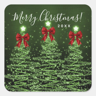 Sticker Carré Élégantes vacances Vert Arbres de Noël Nœuds Rouge