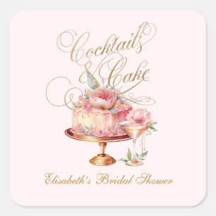 Sticker Carré Élégants Cocktails et Gâteau de Mariage Rose