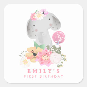 Sticker Carré Elephant 1er Anniversaire Nom Safari Rose Girl
