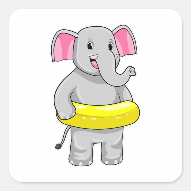 Sticker Carré Eléphant à nager avec Lifebuoy (Devant)