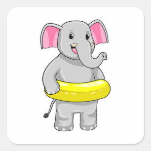 Sticker Carré Eléphant à nager avec Lifebuoy