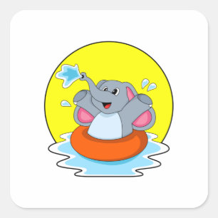 Sticker Carré Eléphant à nager avec Lifebuoy