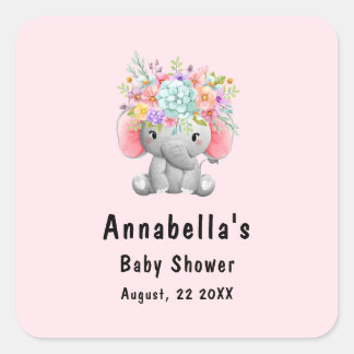 Sticker Carré Éléphant avec Fleurs Baby Shower