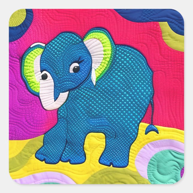 Sticker Carré Eléphant Bébé Bleu Cute - Design Quilt (Devant)