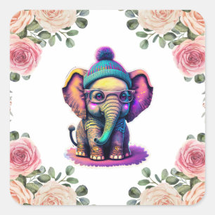 Sticker Carré Eléphant bébé mignon avec lunettes et Beanie