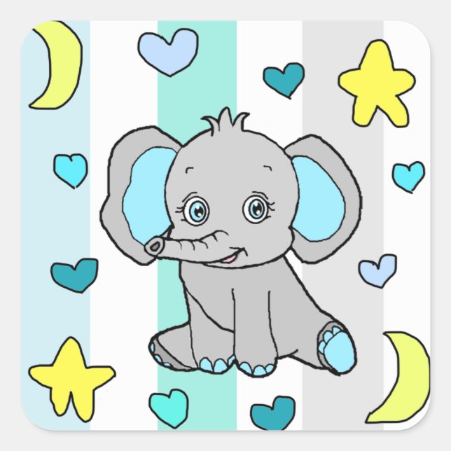 Sticker Carré Eléphant Bleu, Étoiles, Lunes et Coeurs (Devant)