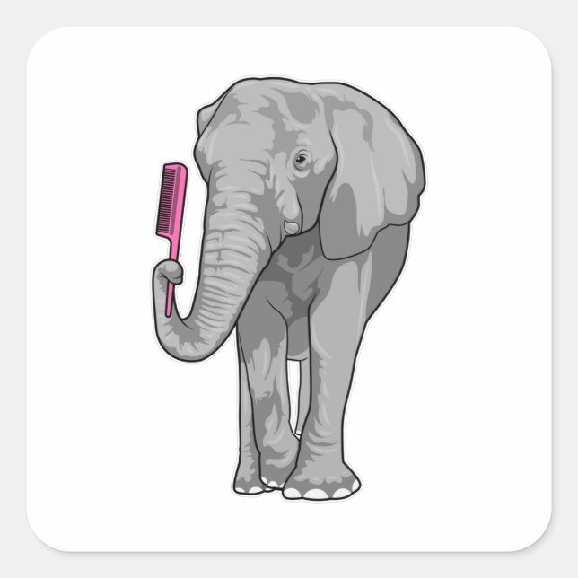 Sticker Carré Elephant comme coiffeur avec peigne (Devant)