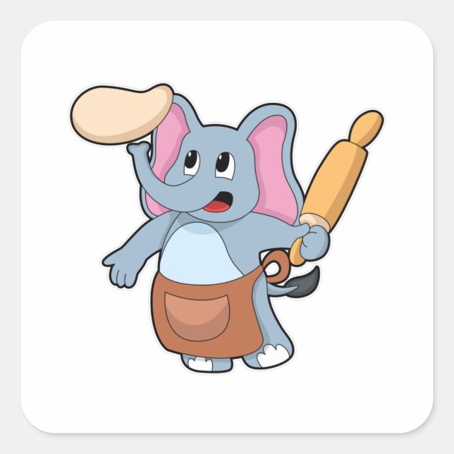 Sticker Carré Eléphant comme cuisinier avec broche à rouleaux &  (Devant)