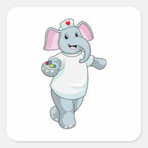 Sticker Carré Elephant comme infirmière avec la médecine