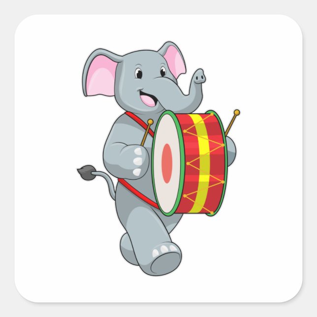 Sticker Carré Elephant comme musicien avec tambour (Devant)