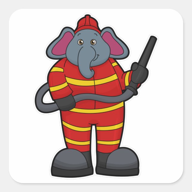 Sticker Carré Elephant comme pompier avec tuyau (Devant)