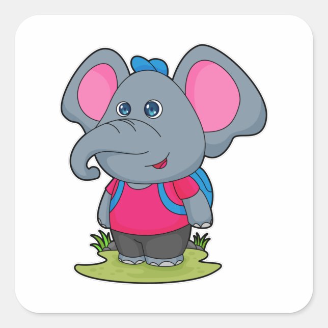 Sticker Carré Elephant comme randonneur avec sac à dos (Devant)