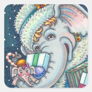 STICKER CARRÉ ÉLÉPHANT DE NOËL, FIER DES CADEAUX ET BONNE CHÈRE