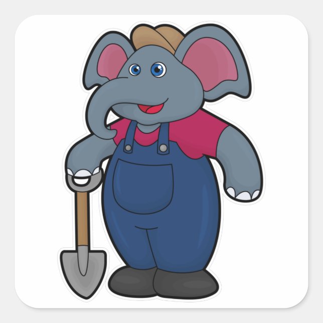 Sticker Carré Elephant en tant que fermier avec Shovel (Devant)