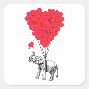 Sticker Carré Éléphant et ballons rouges de coeur