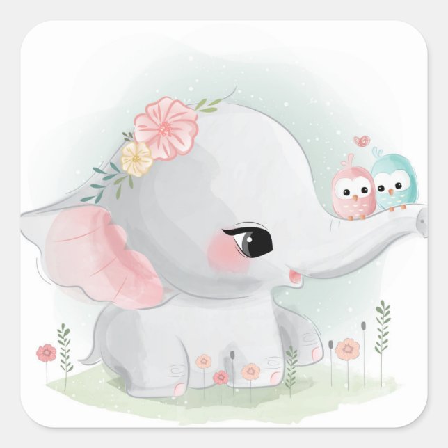 Sticker Carré Elephant Et Oiseaux Adorables (Devant)