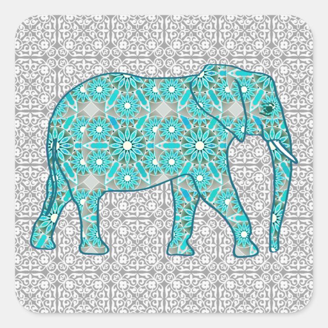 Sticker Carré Eléphant fleur Mandala - turquoise, gris & blanc (Devant)