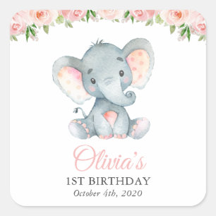 Sticker Carré Eléphant, Fleurs Aquarelles Roses, Premier Anniver