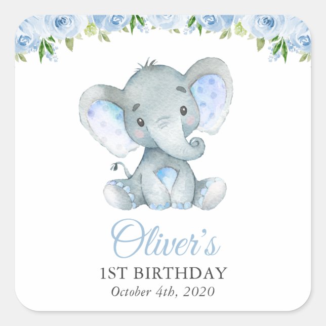 Sticker Carré Eléphant, Fleurs d'aquarelle bleue, premier annive (Devant)