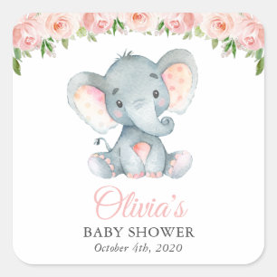 Sticker Carré Eléphant, Fleurs d'aquarelle rose, Baby shower