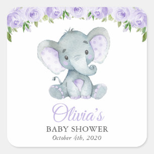 Sticker Carré Eléphant, Fleurs d'aquarelle violette, Baby shower