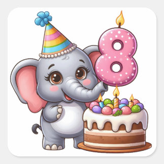 Sticker Carré Éléphant Mignon 8ème Anniversaire
