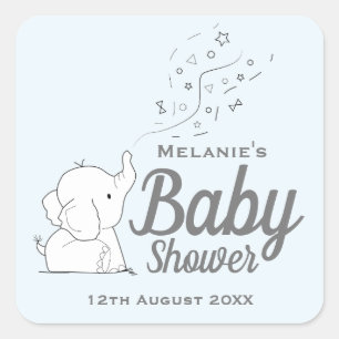 Sticker Carré Eléphant mignon et Baby shower bleu Confetti